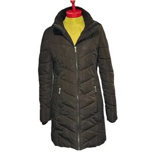 Tommy Hilfiger Puffer Quilted Black Jacket Long Coat Women Small With Hood